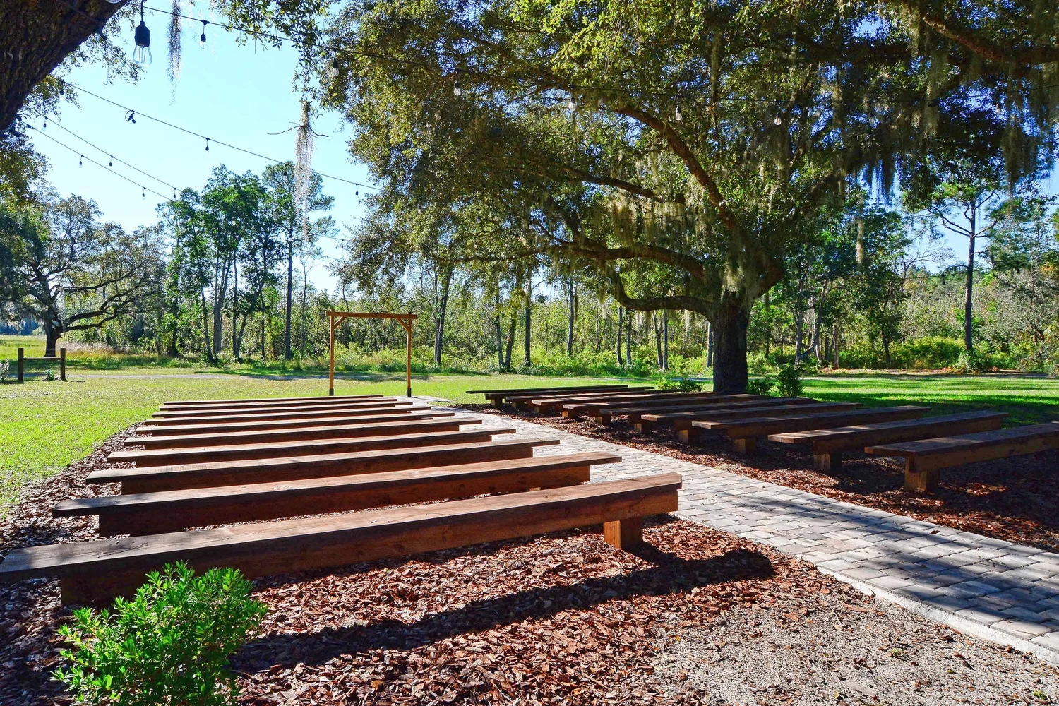 Tiered wooden ceremony benches facing the arbor under the oaks